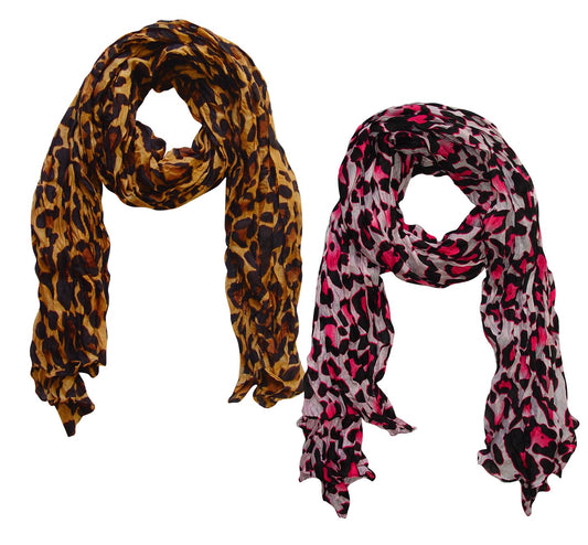Wholesale Bulk Lot: Women's Leopard Animal Print Crinkle Scarf Wrap Fuchsia Brown Reseller Pack