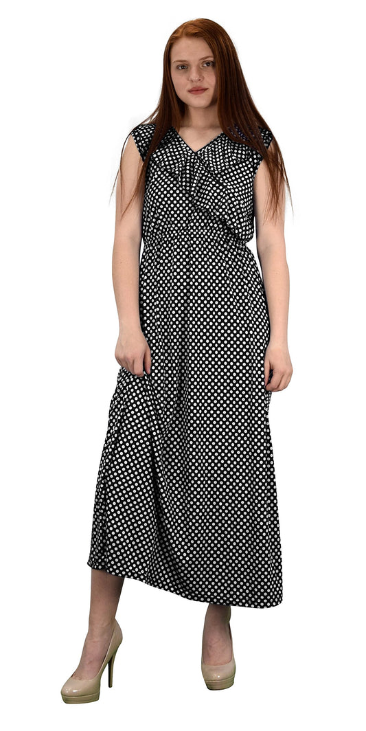 Wholesale Bulk Lot: Polka Dot Ruffled V Neck Summer Maxi Dress Black Medium