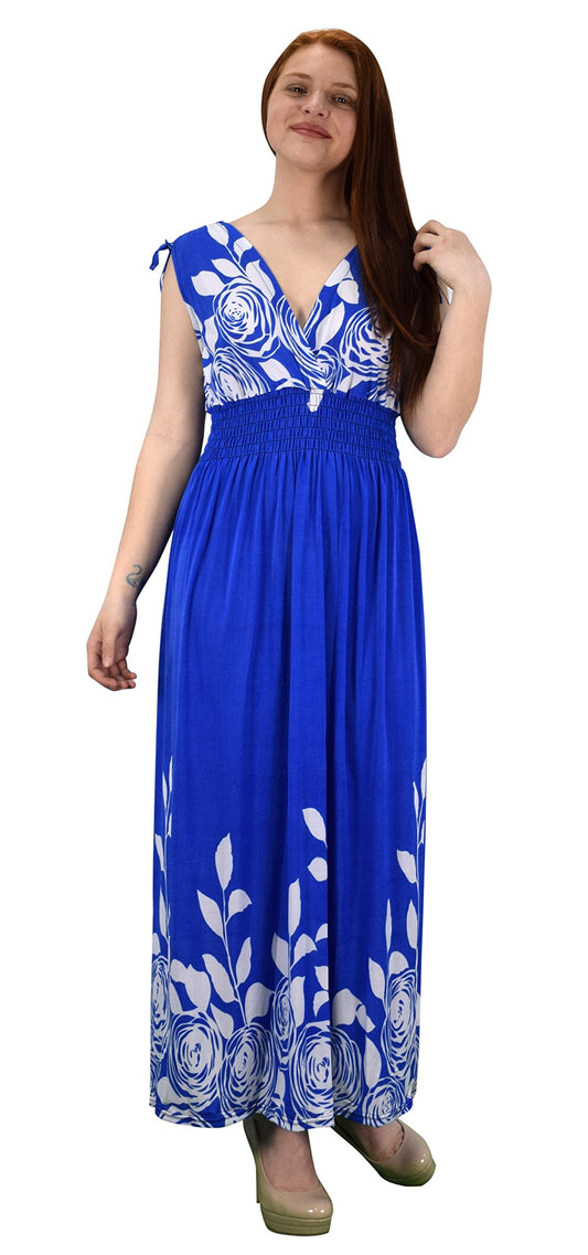 Wholesale Bulk Lot: Floral Rose Print Boho Maxi Dress Blue Medium