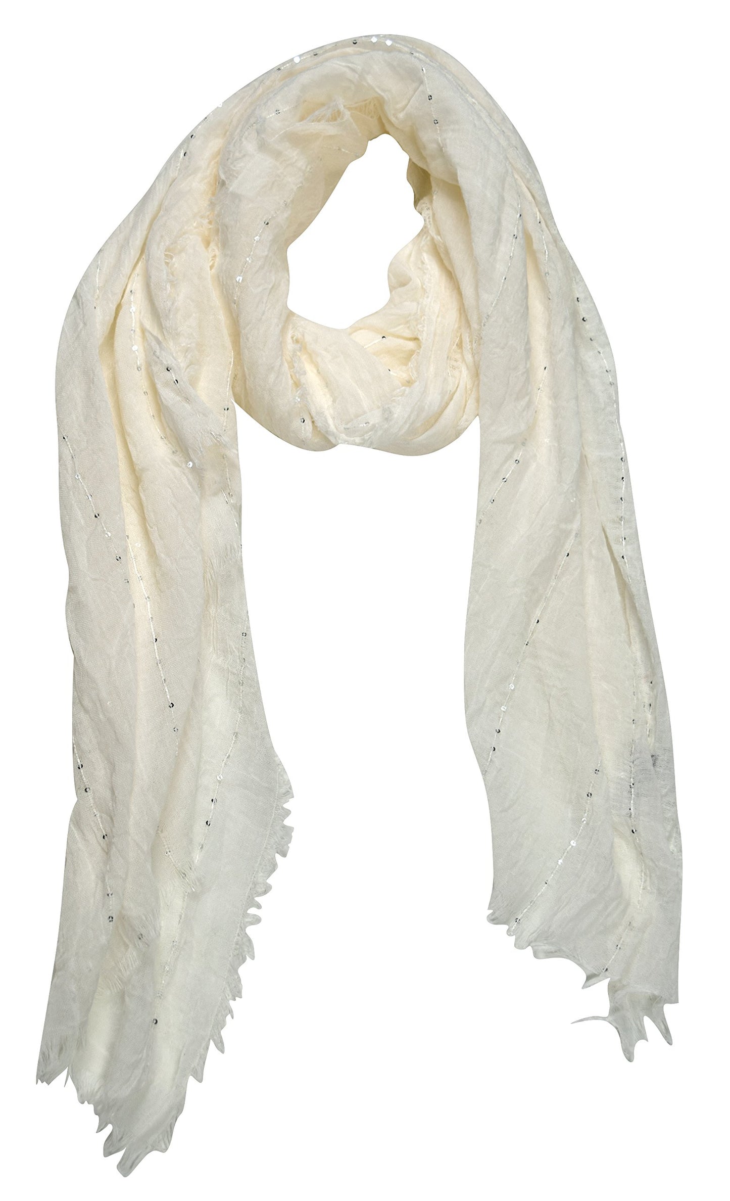 Wholesale Bulk Lot: Sparkle Sequin Bohemian Sheer Woven Knit Fringe Cream Scarf for Resellers