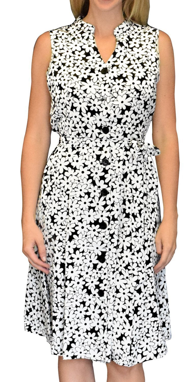 Wholesale Lot: Retro A-Line Silky Sleeveless Belted Dress Daisy Black White Large