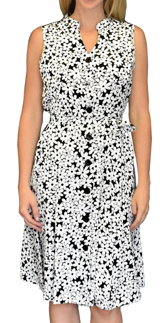 Wholesale Lot: Retro A-Line Silky Sleeveless Belted Dress Daisy Black White Large
