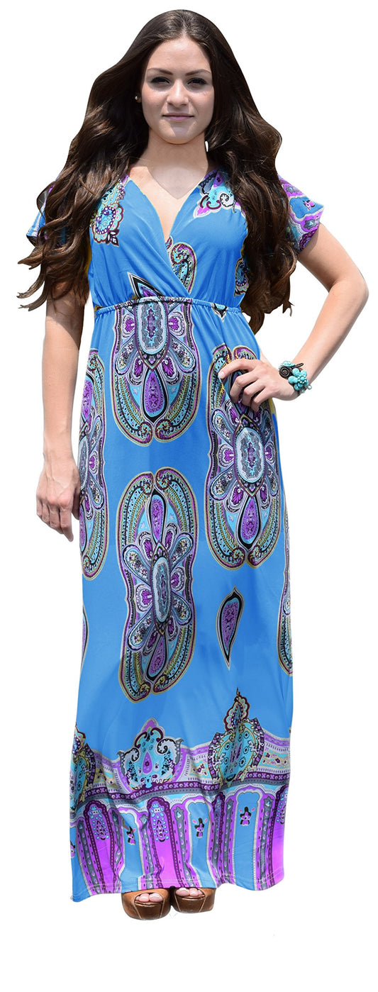 Wholesale Bulk Lot: Paisley V Neck Short Sleeve Maxi Dress Medium Sky Blue