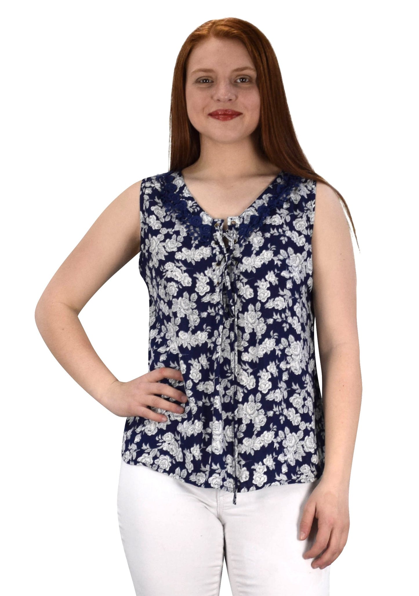 Wholesale Bulk Lot: Two Tone Floral Rose Print Laced Womens Top Navy Medium