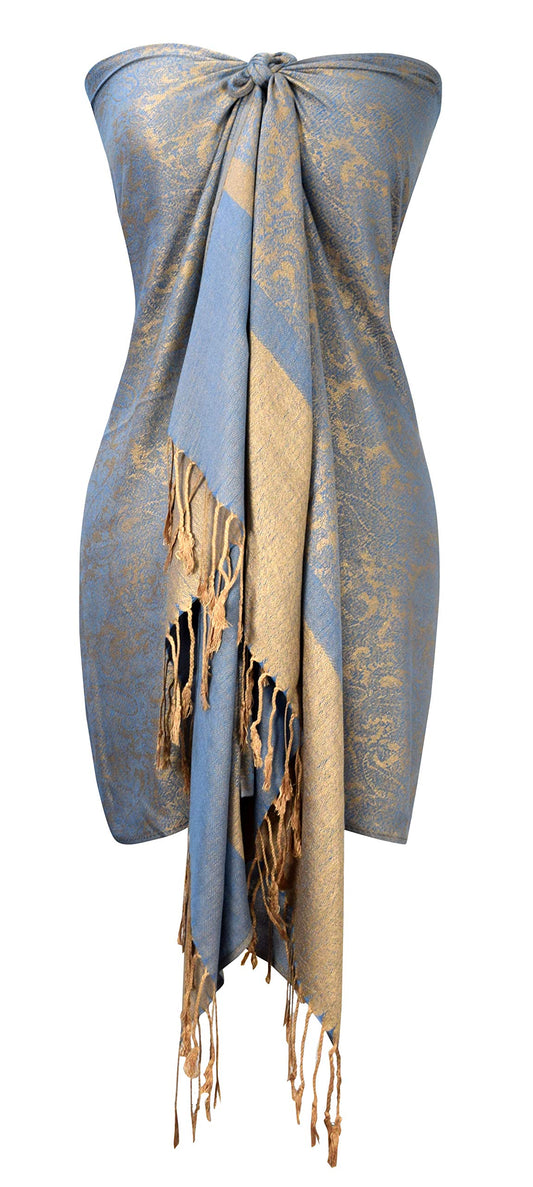 Wholesale Lot Vintage Two Color Jacquard Paisley Pashmina Shawl Wrap Baby Blue Gold for Resellers