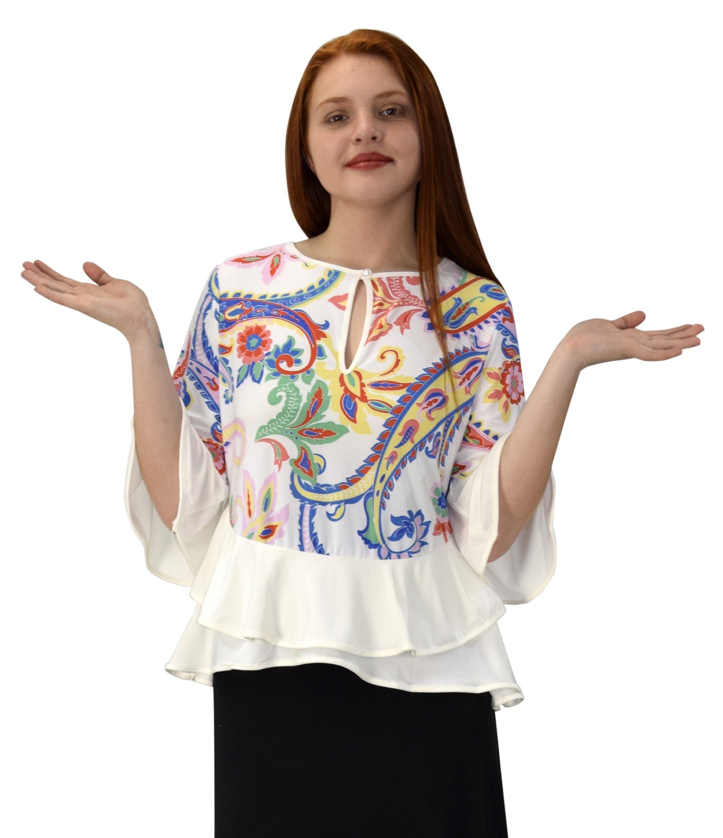 Wholesale Bulk Lot: Women's Floral Bell Sleeve Keyhole Neck Blouse White Red Large