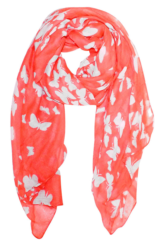 Wholesale Bulk Lot: Lightweight Colorful Butterfly Print Fashion Scarf Wrap Coral for Resellers