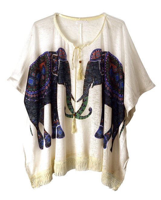 Wholesale Bulk Lot: Elephant Print Tasseled Summer Cover Up Cardigan Beige