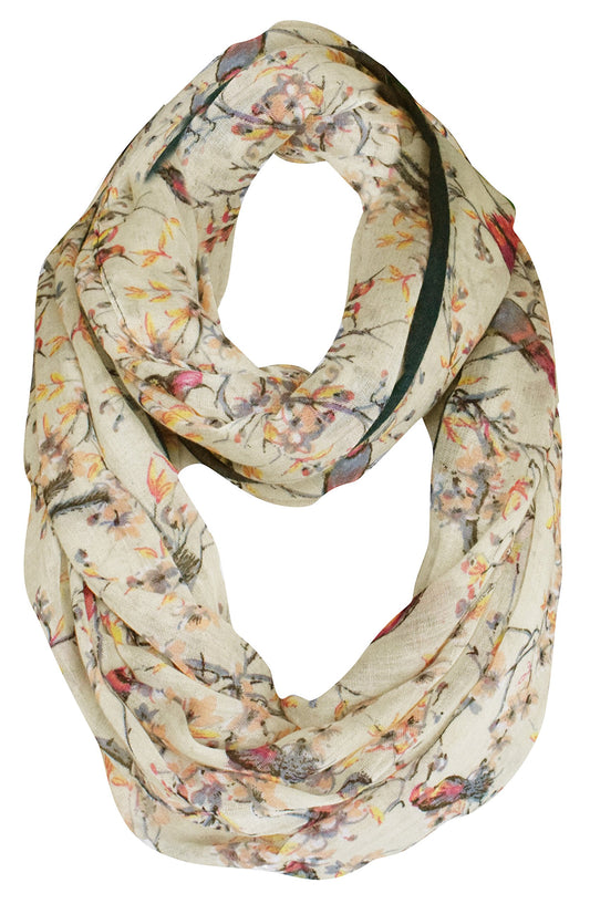 Wholesale Bulk Lot: Vintage Floral Blossom Hummingbird Sheer Taupe Loop Scarf for Resellers