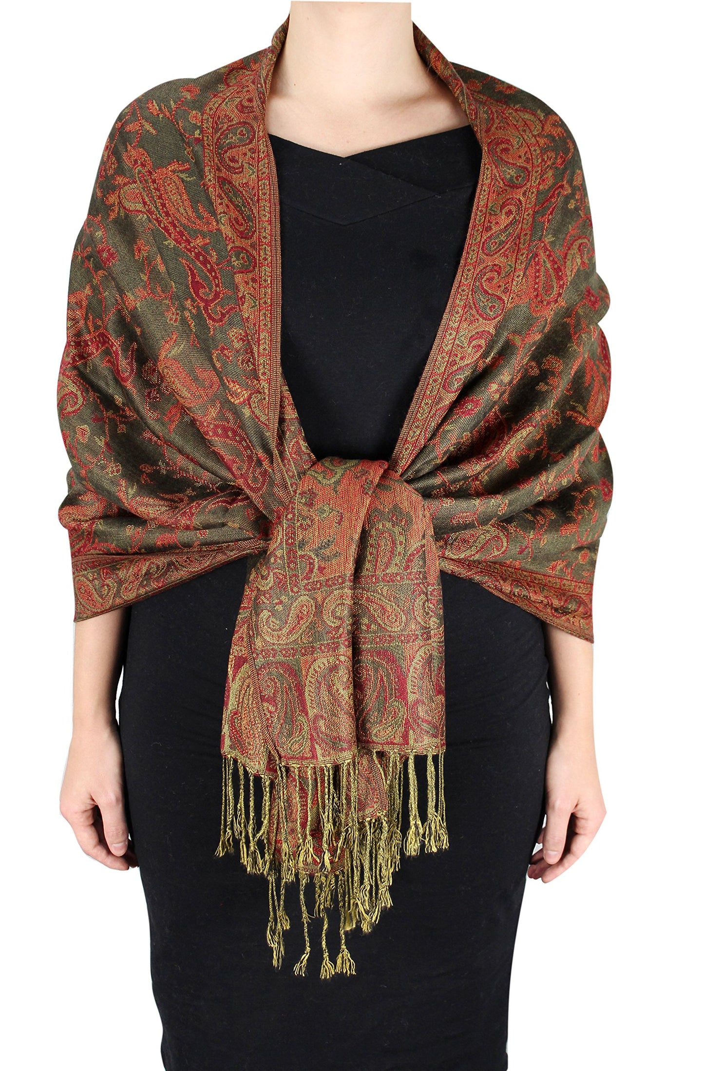 Wholesale Bulk Lot Reversible Paisley Pashmina Shawl Double Layer Olive Scarf for Resellers