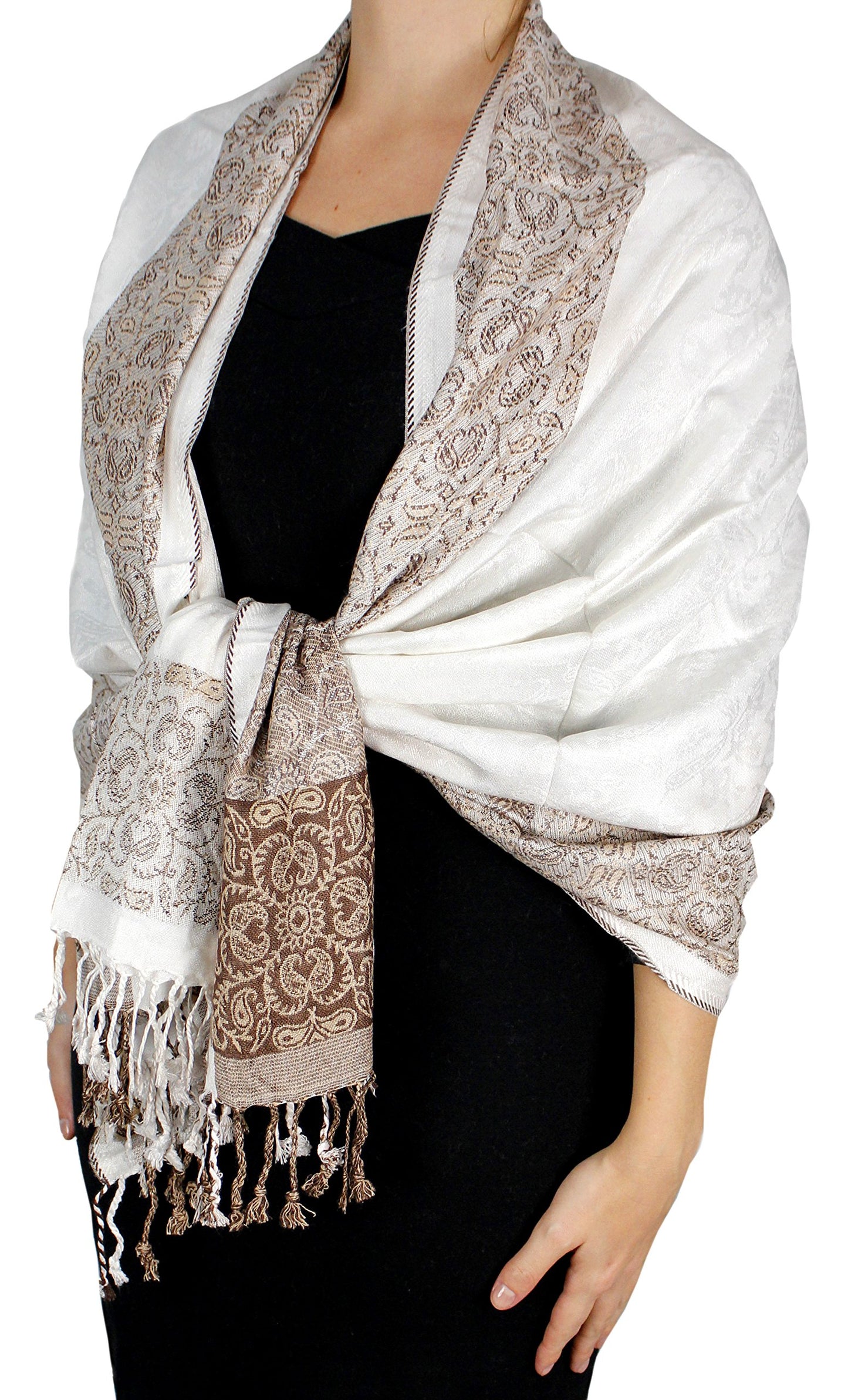 Wholesale Bulk Lot Reversible Paisley Floral Pashmina Wrap Shawl Cream Taupe Scarf for Resellers
