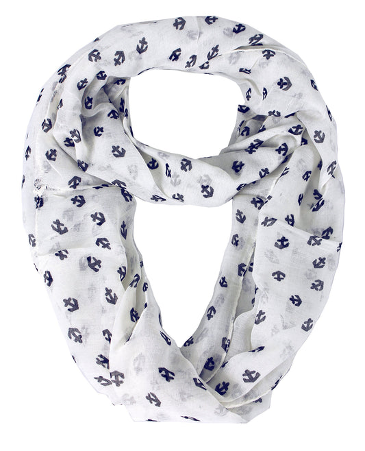 Wholesale Lot: Nautical Anchor Print Infinity Loop Scarf White Navy Blue Bulk Reseller Pack