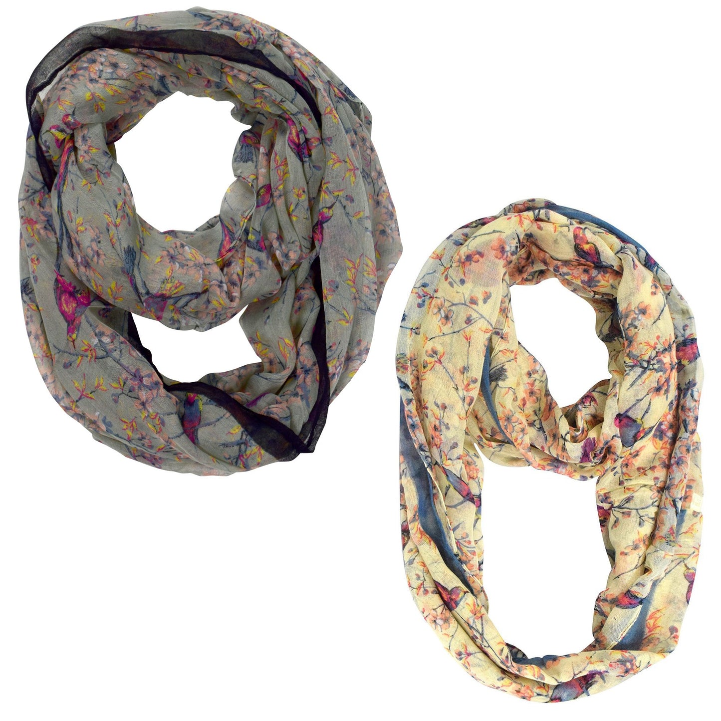 Wholesale Bulk Lot: Vintage Floral Hummingbird Print Sheer Scarf Grey and Yellow for Resellers