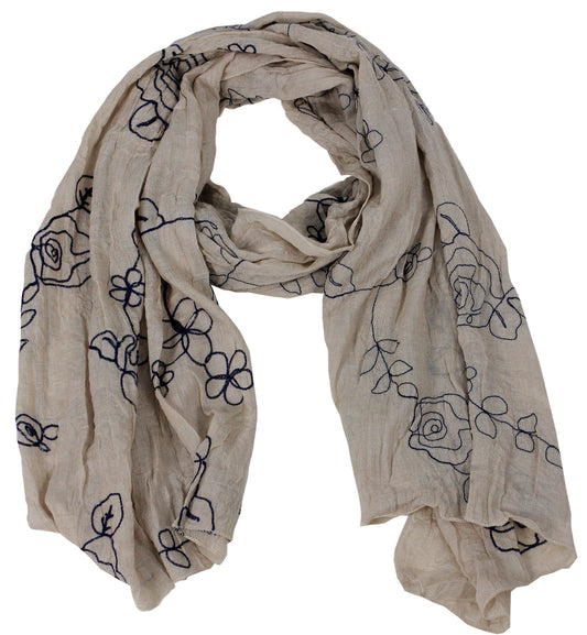 Wholesale Bulk Lot: Intricate Floral Rose Embroidered Lightweight Summer Scarf Wrap Taupe Navy