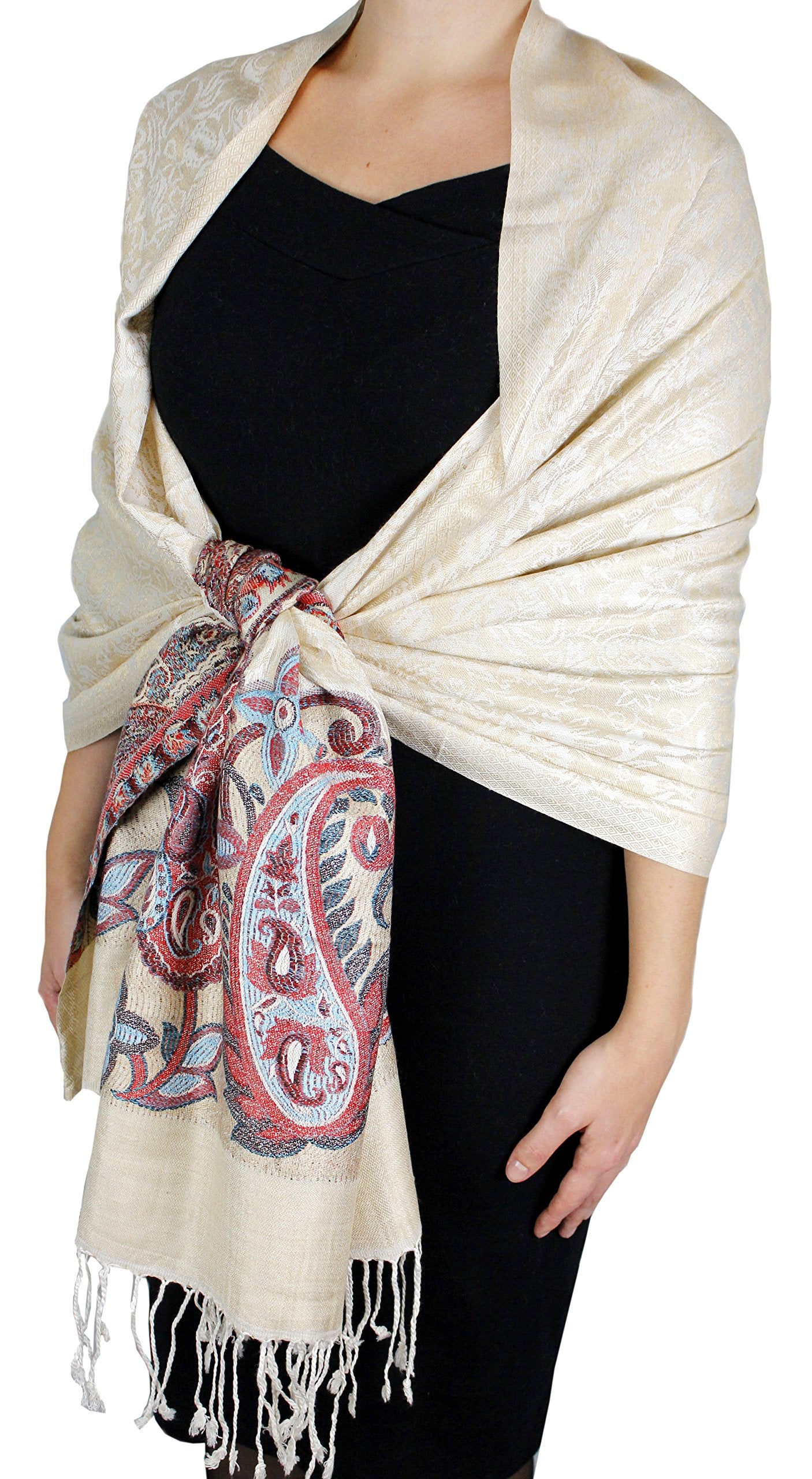 Wholesale Bulk Lot Reversible Paisley Floral Pashmina Wrap Shawl Beige Scarf for Resellers