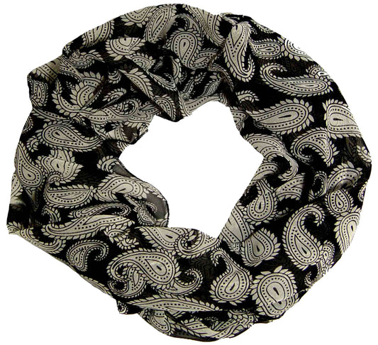 Wholesale Bulk Lot: Vintage Black and White Paisley Print Infinity Loop Scarf for Resellers