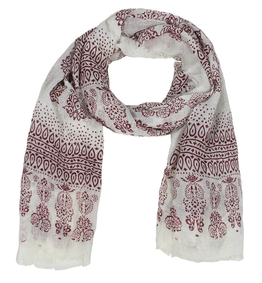 Wholesale Bulk Lot: Lightweight Henna Paisley Printed Eyelash Fringe Wine Scarf for Resellers