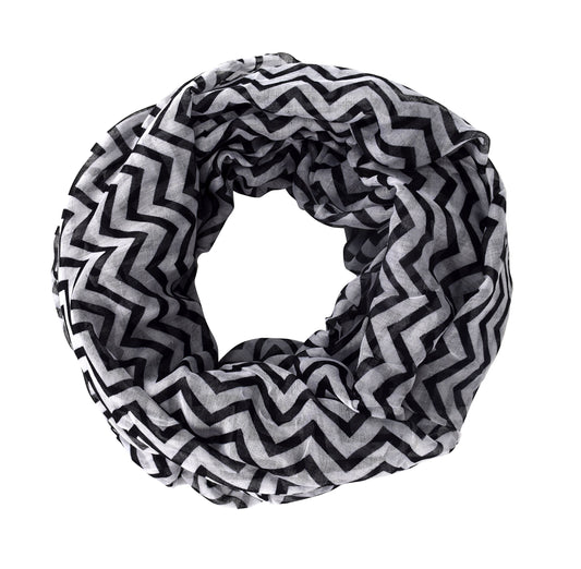 Wholesale Bulk Lot: Black Chevron Zig Zag Sheer Lightweight Infinity Loop Scarf Reseller Pack 19X32
