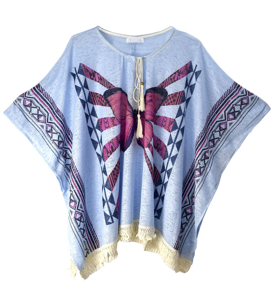 Wholesale Bulk Lot: Butterfly Print Tasseled Light Summer Cover Up Cardigan Blue