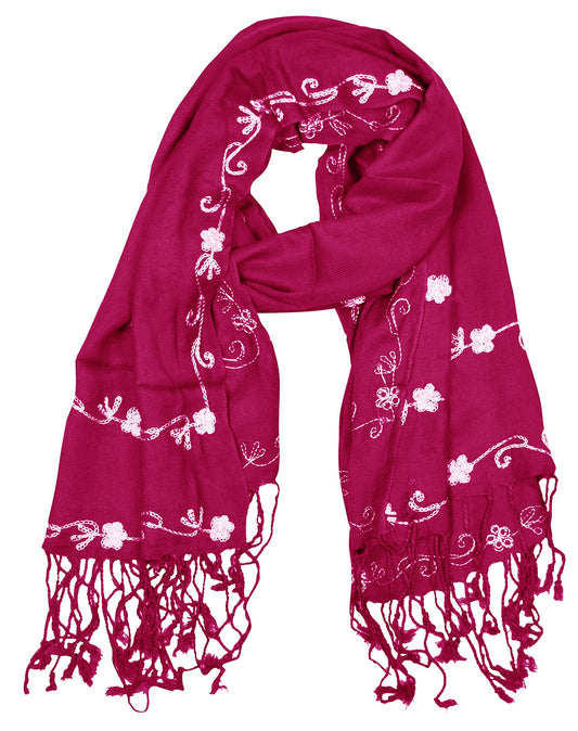 Wholesale Bulk Lot: Hand Embroidered Floral Two Color Pashmina Shawl Scarf Fuschia Reseller Pack