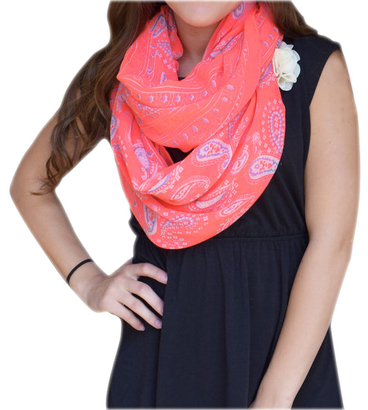 Wholesale Bulk Lot: Lightweight Neon Pink Paisley Infinity Loop Scarf for Resellers