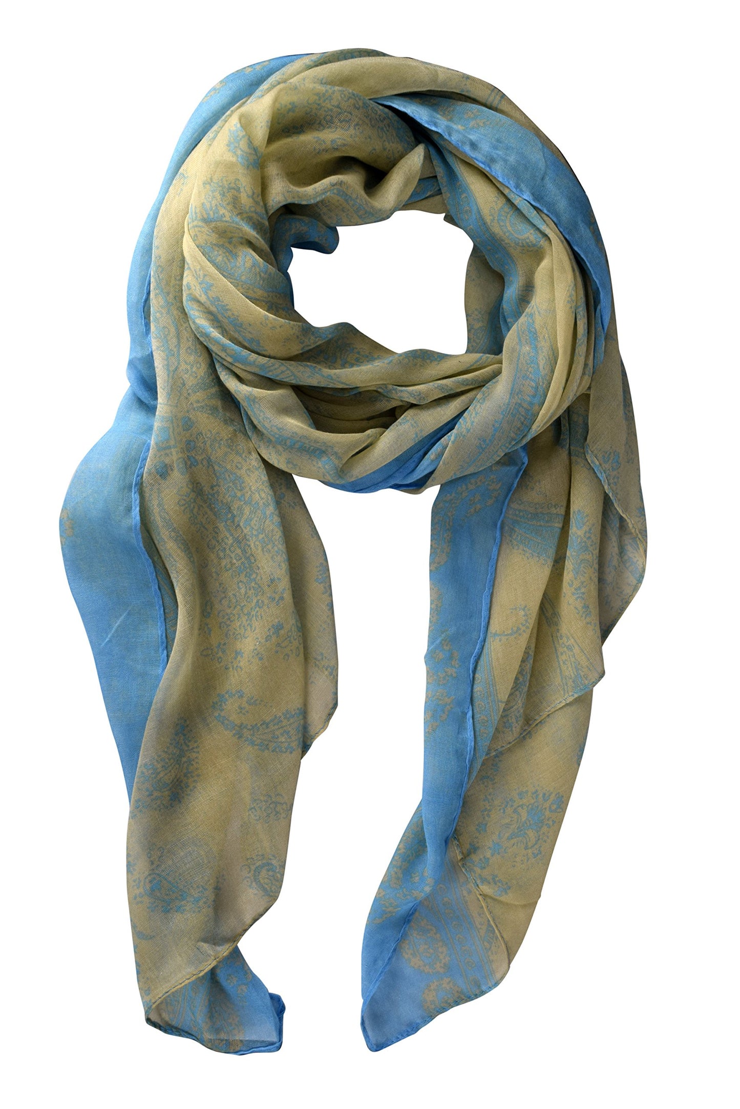Wholesale Bulk Lot: Lightweight Paisley Paisley Scarf Sarong Shawl Wrap Tan Blue Reseller Pack