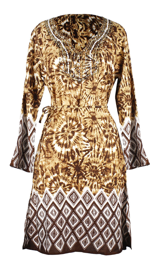Wholesale Bulk Lot: Women’s Long Sleeve V-Neck Geo Tunic Dress Brown Size S