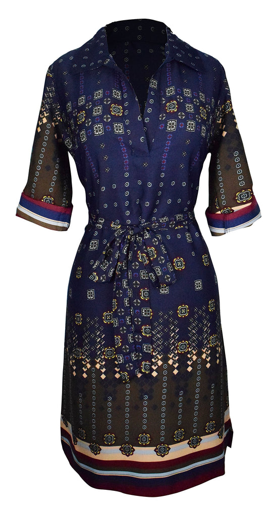 Wholesale Bulk Lot: Women's V-Neck Patterned 3/4 Sleeve Tie Waist Shift Dress Small