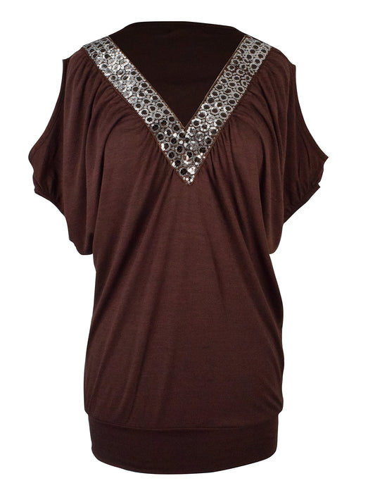 Wholesale Bulk Lot Sequin V-Neck Blouse Brown Small Reseller Top
