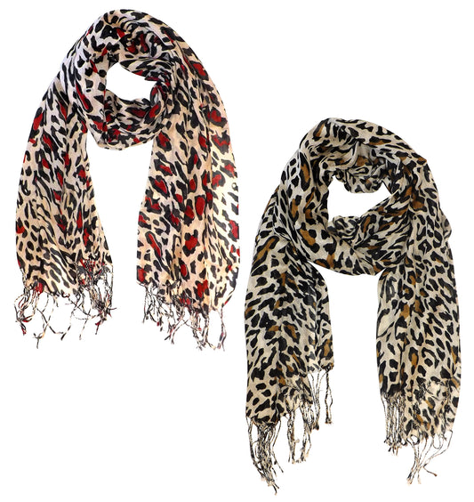 Wholesale Bulk Lot: Soft Silky Leopard Print Pashmina Scarf Red Classic Brown Reseller Pack