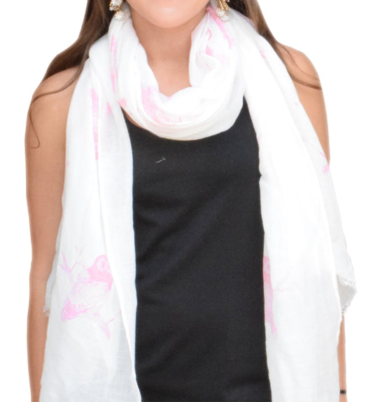 Wholesale Bulk Lot: Colorful Graphic Animal Print Owl Scarf with Fringe Pink White Reseller Pack