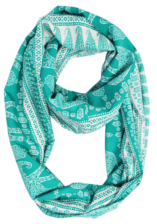 Wholesale Bulk Lot: Tribal Paisley Elephant Print Infinity Loop Scarf Green Reseller Pack