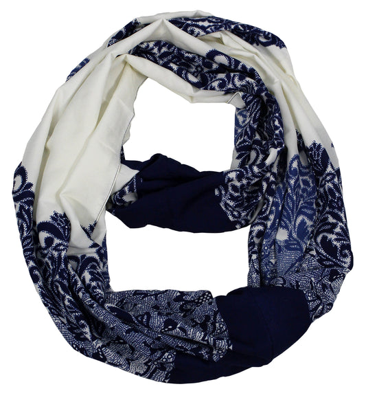 Wholesale Bulk Lot: Vintage Bohemian Damask Navy White Infinity Loop Scarf Reseller Pack