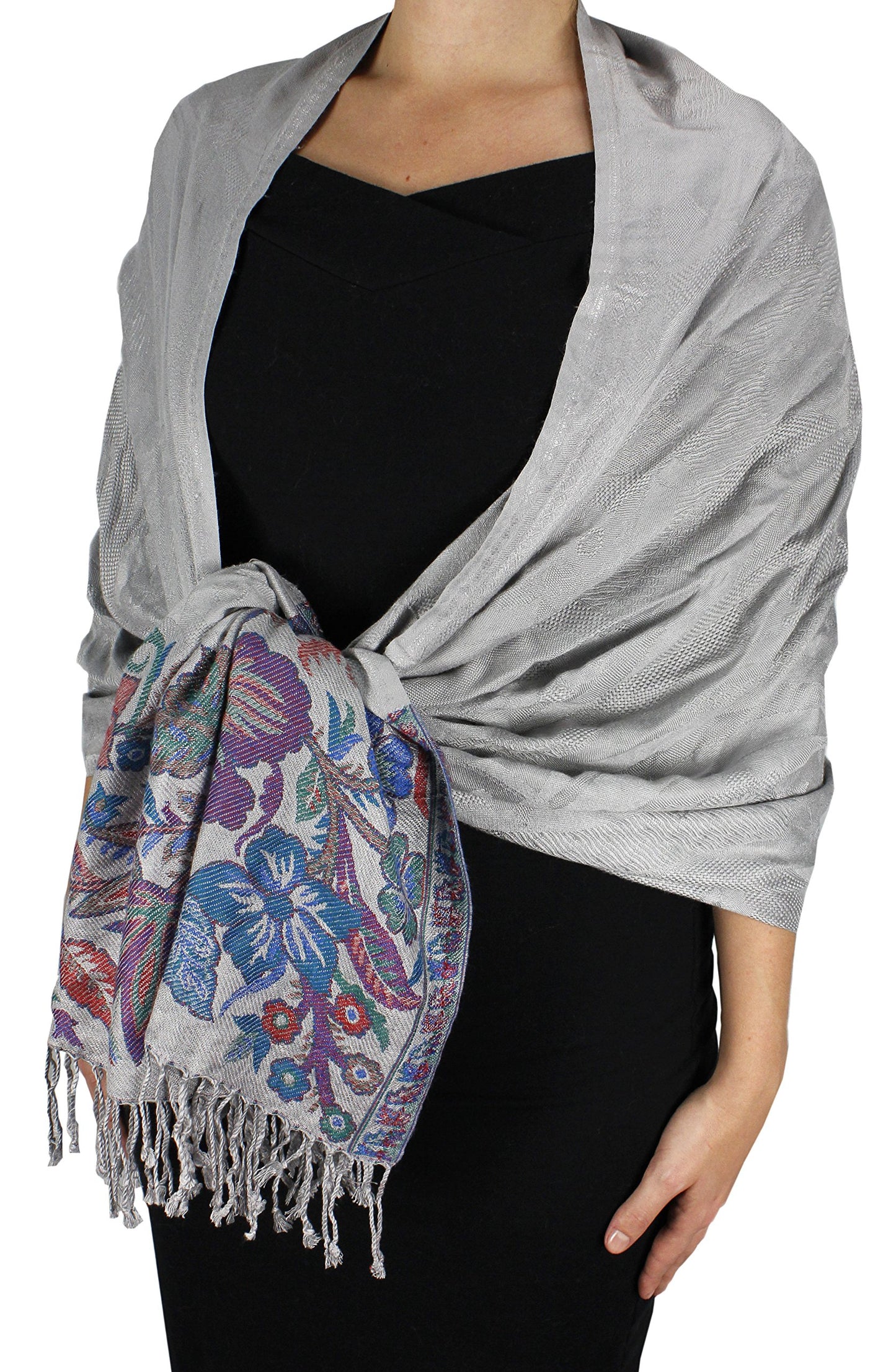 Wholesale Bulk Lot Reversible Paisley Floral Pashmina Wrap Shawl Grey Scarf for Resellers