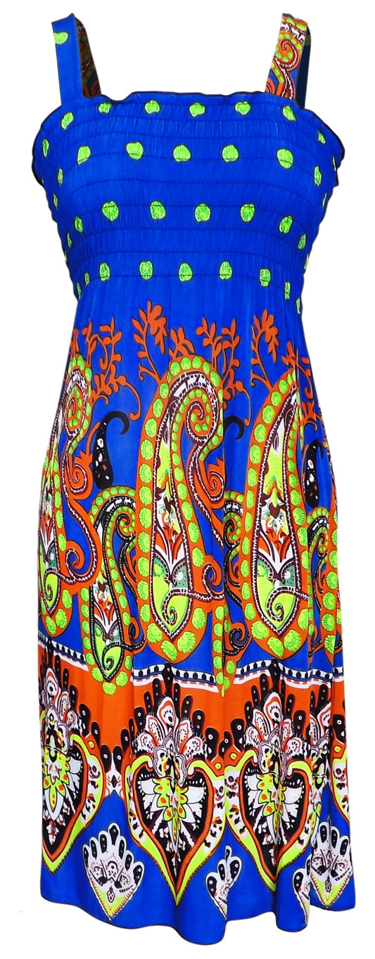 Wholesale Lot: Women's Exotic Smocked Multicolor Midi Summer Dress, Blue, Medium