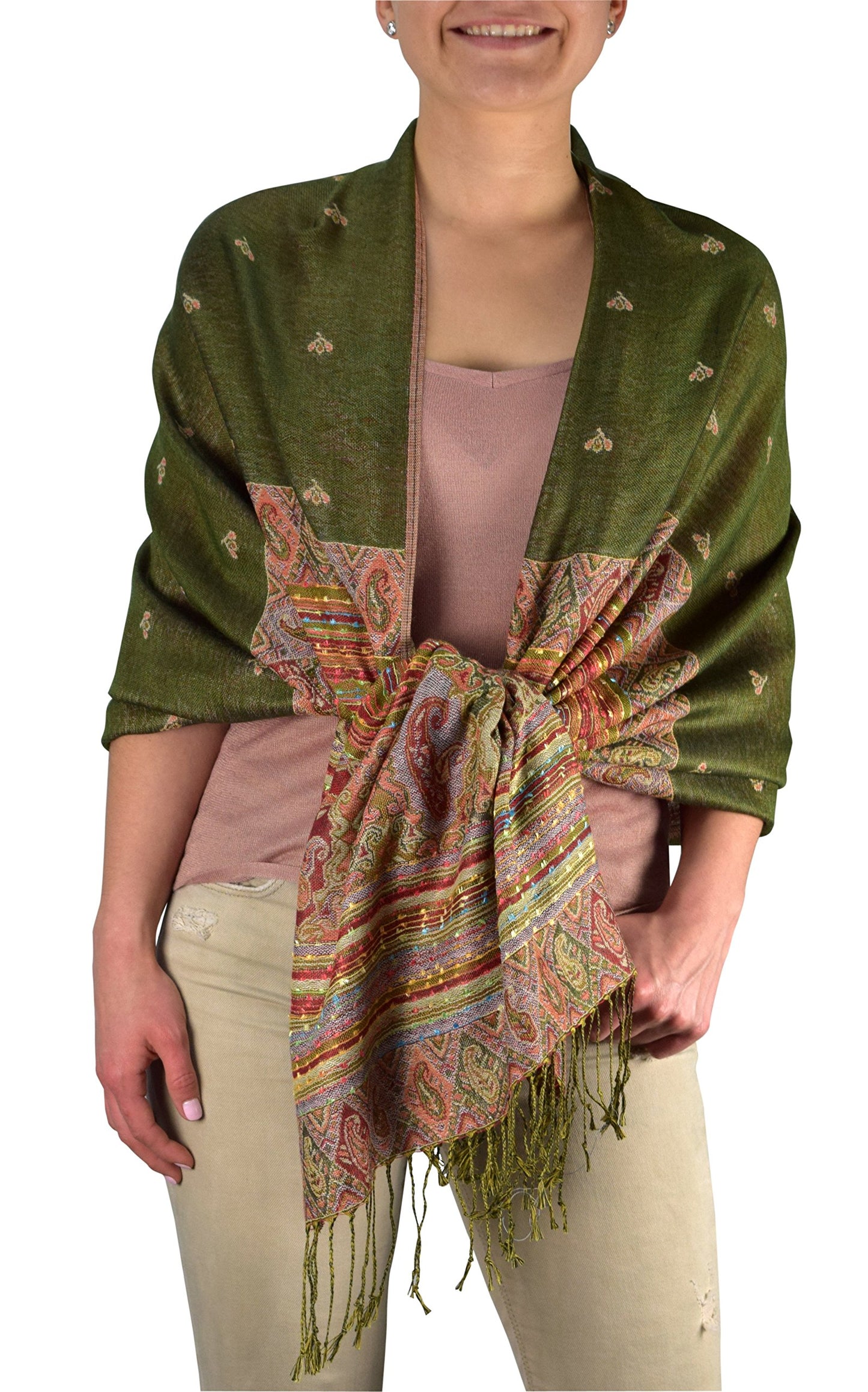 Wholesale Lot Reversible Ethnic Tribal Border Bohemian Green Pashmina Shawl Scarf for Resellers