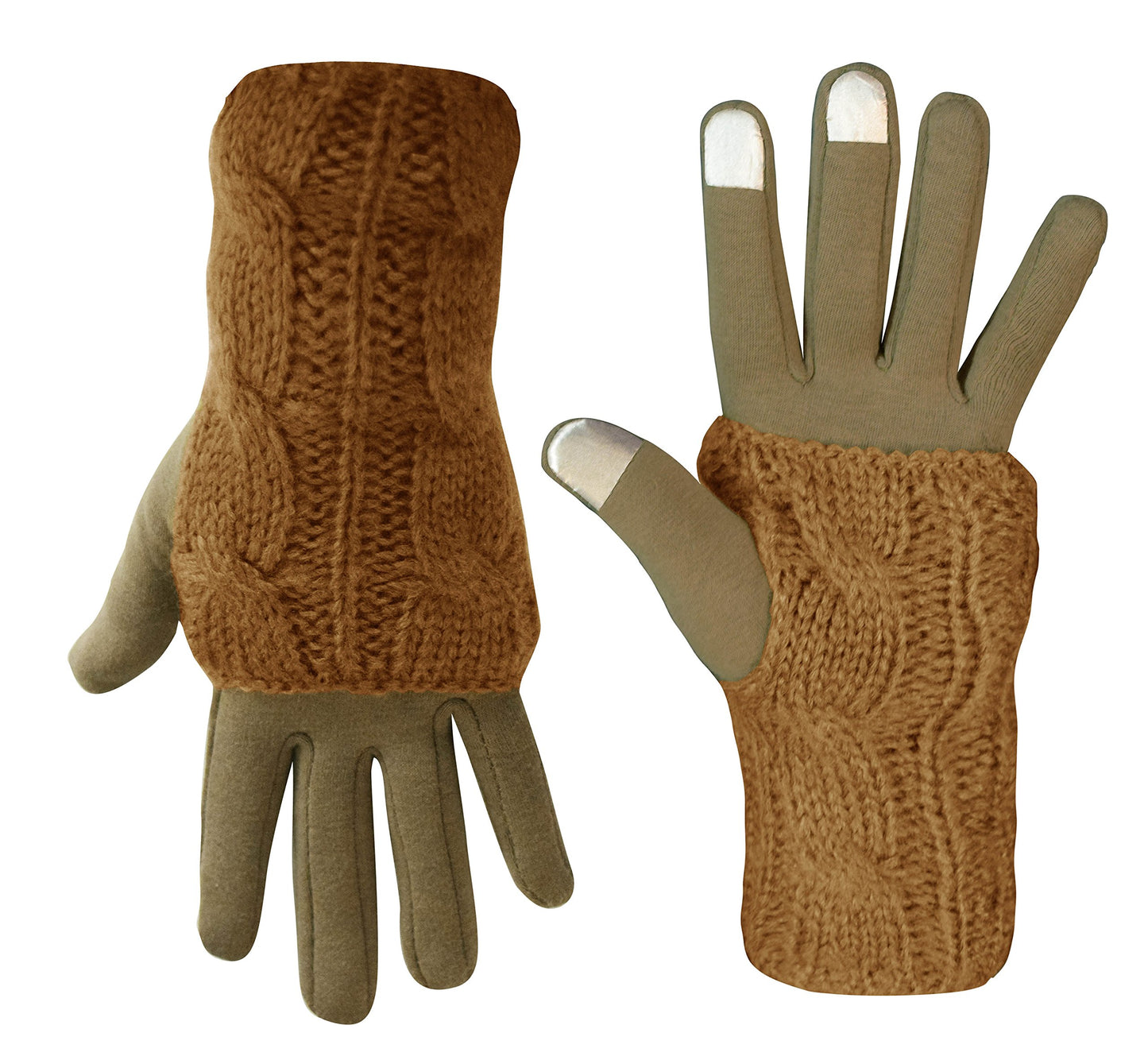 Wholesale Bulk Lot: Tan Cable Knit Fleece Lined Winter Gloves with Arm Warmers