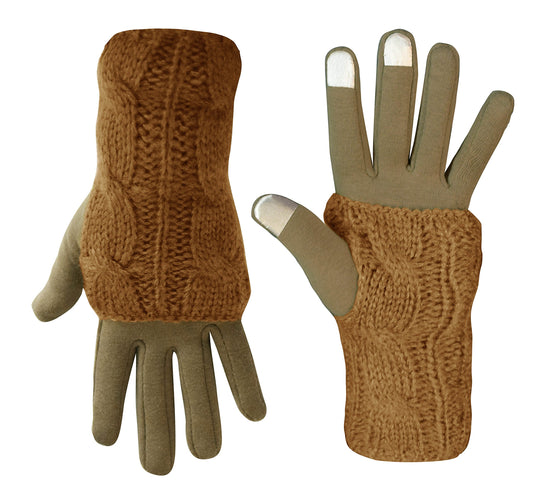 Wholesale Bulk Lot: Tan Cable Knit Fleece Lined Winter Gloves with Arm Warmers