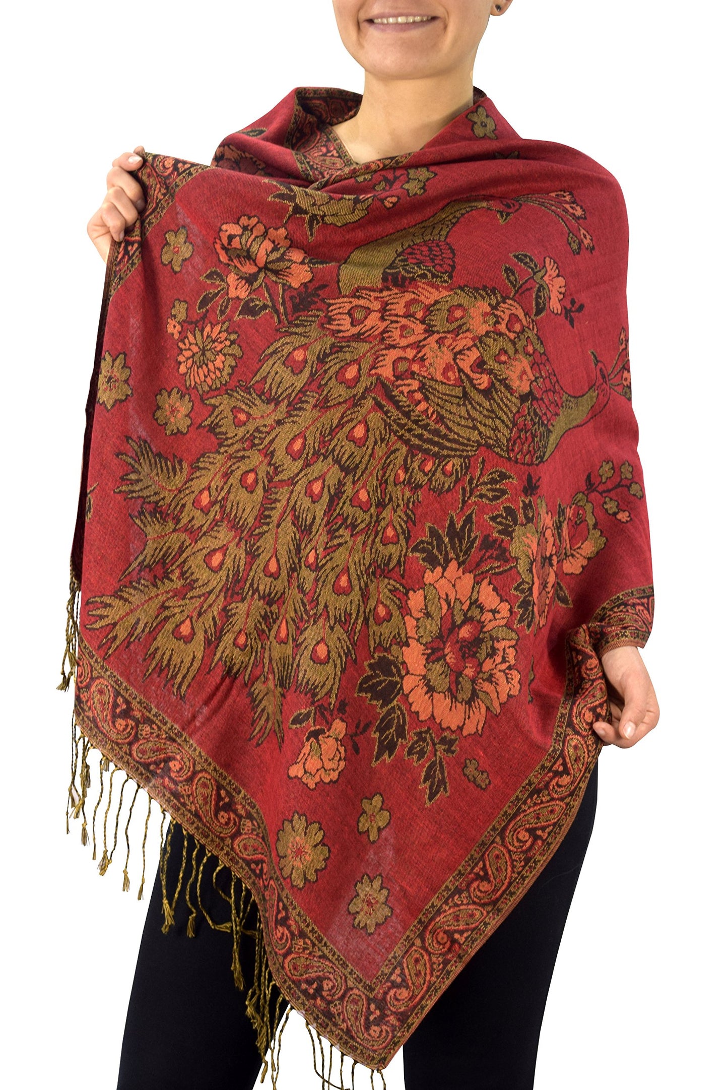 Wholesale Lot Floral Peacock Reversible Shimmer Pashmina Shawl Scarf Red for Resellers
