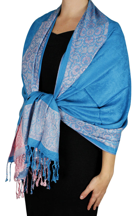 Wholesale Bulk Lot Paisley Floral Reversible Pashmina Wrap Scarf Teal Pink for Resellers