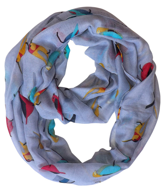 Wholesale Bulk Lot: Vintage Finch Bird Print Grey Sheer Infinity Loop Scarf Reseller Pack