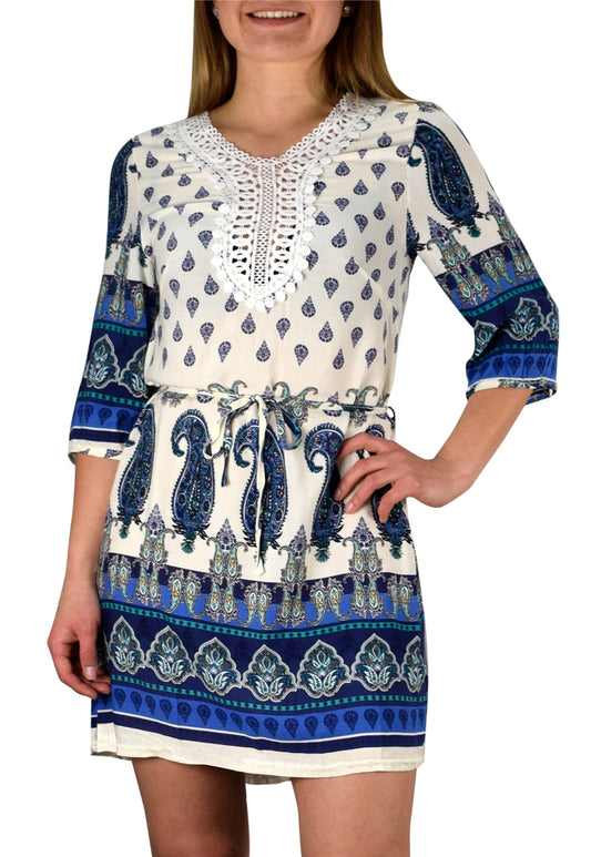 Wholesale Bulk Lot: Bohemian Paisley Waist Tie Floral Caftan Mini Dress Blue Small