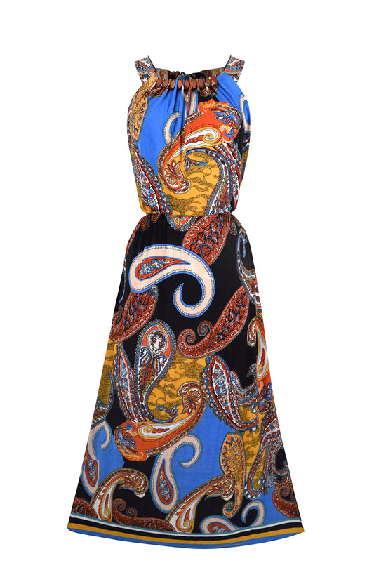 Wholesale Lot: Bohemian Paisley Blue Halter Maxi Summer Dress Beaded Large Size