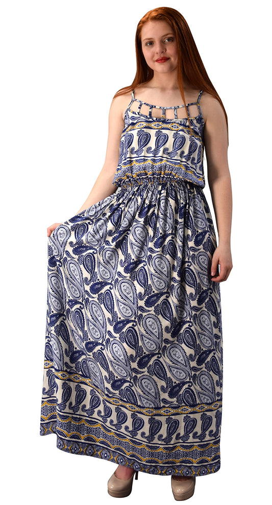 Wholesale Bulk Lot: Paisley Cut Out Smocked Summer Maxi Dress Navy Orange Large