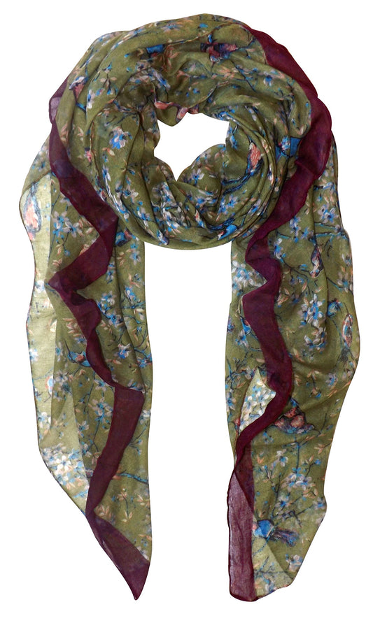 Wholesale Lot: Vintage Floral Blossom Hummingbird Print Sheer Olive Scarf for Resellers