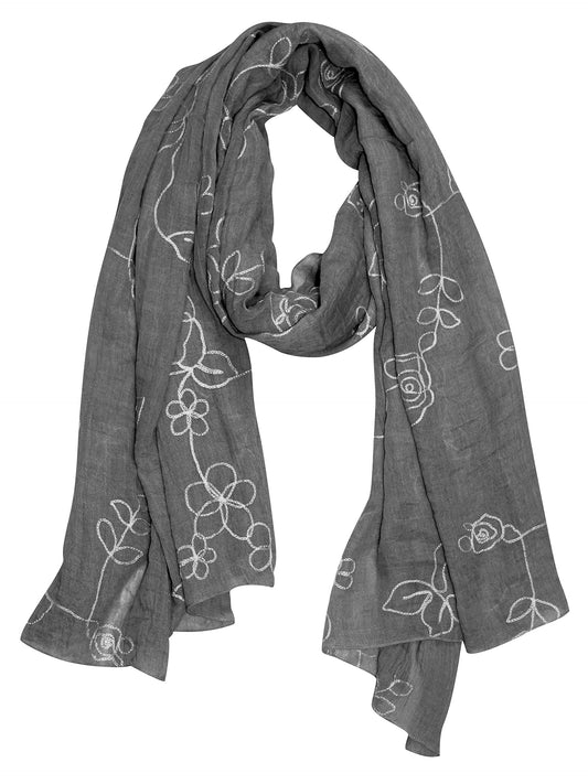Wholesale Bulk Lot: Grey Floral Rose Embroidered Light Weight Summer Scarf Shawl Wrap Reseller Pack