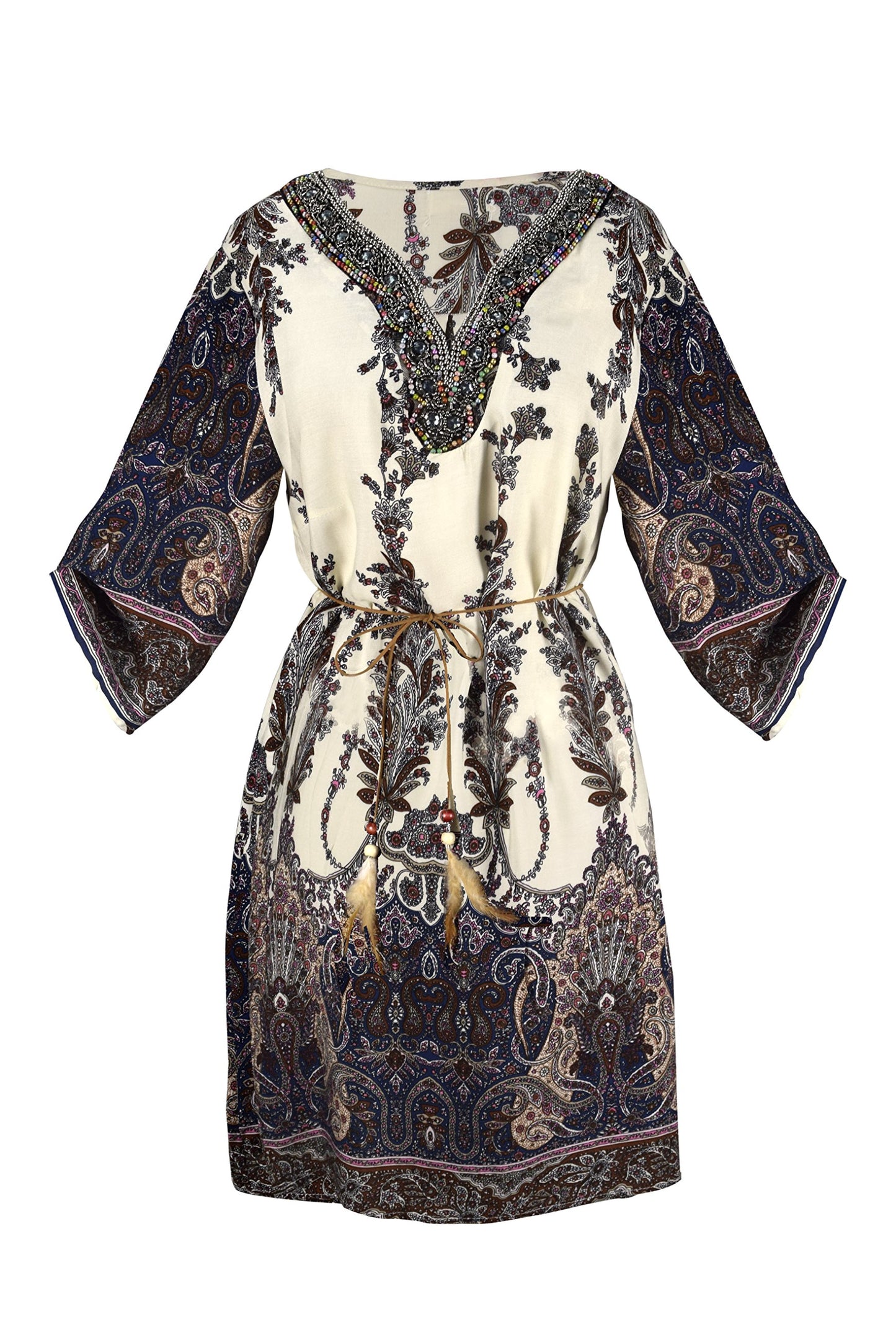 Wholesale Bulk Lot: Women’s Beaded Gem V Neck Paisley Tunic Dress Cream Medium