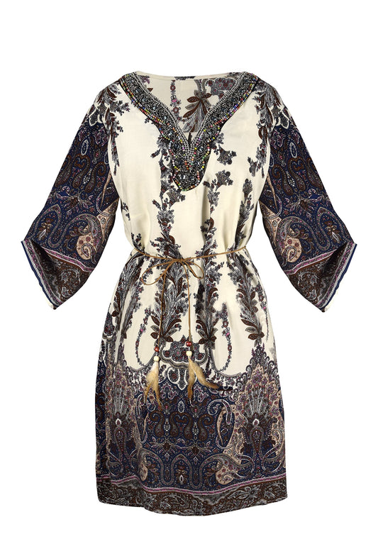 Wholesale Bulk Lot: Women’s Beaded Gem V Neck Paisley Tunic Dress Cream Medium