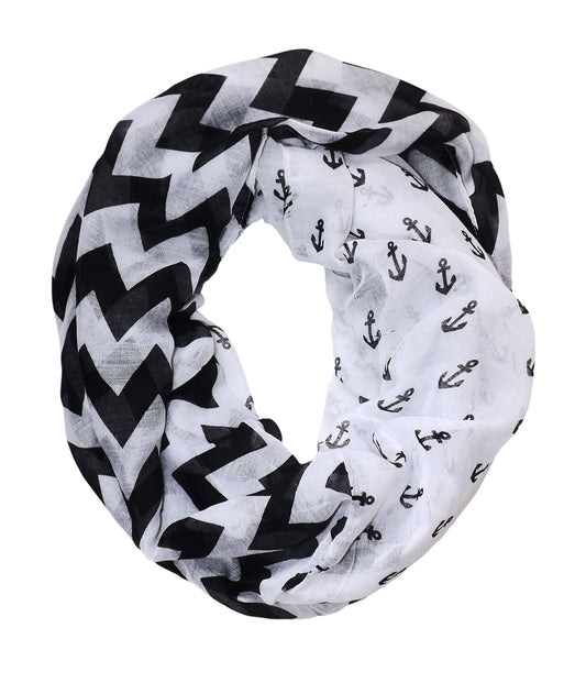 Wholesale Bulk Lot: Chevron Anchor Print Infinity Loop Scarf Black White Reseller Pack