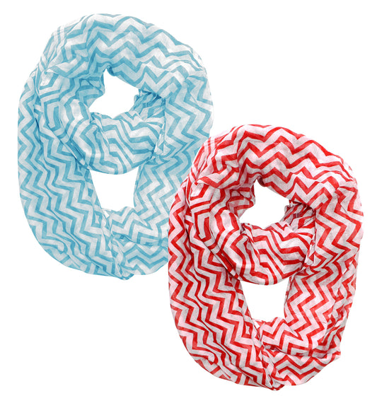 Wholesale Bulk Lot: Lightweight Sheer Chevron Infinity Loop Scarf Teal Red Reseller Pack